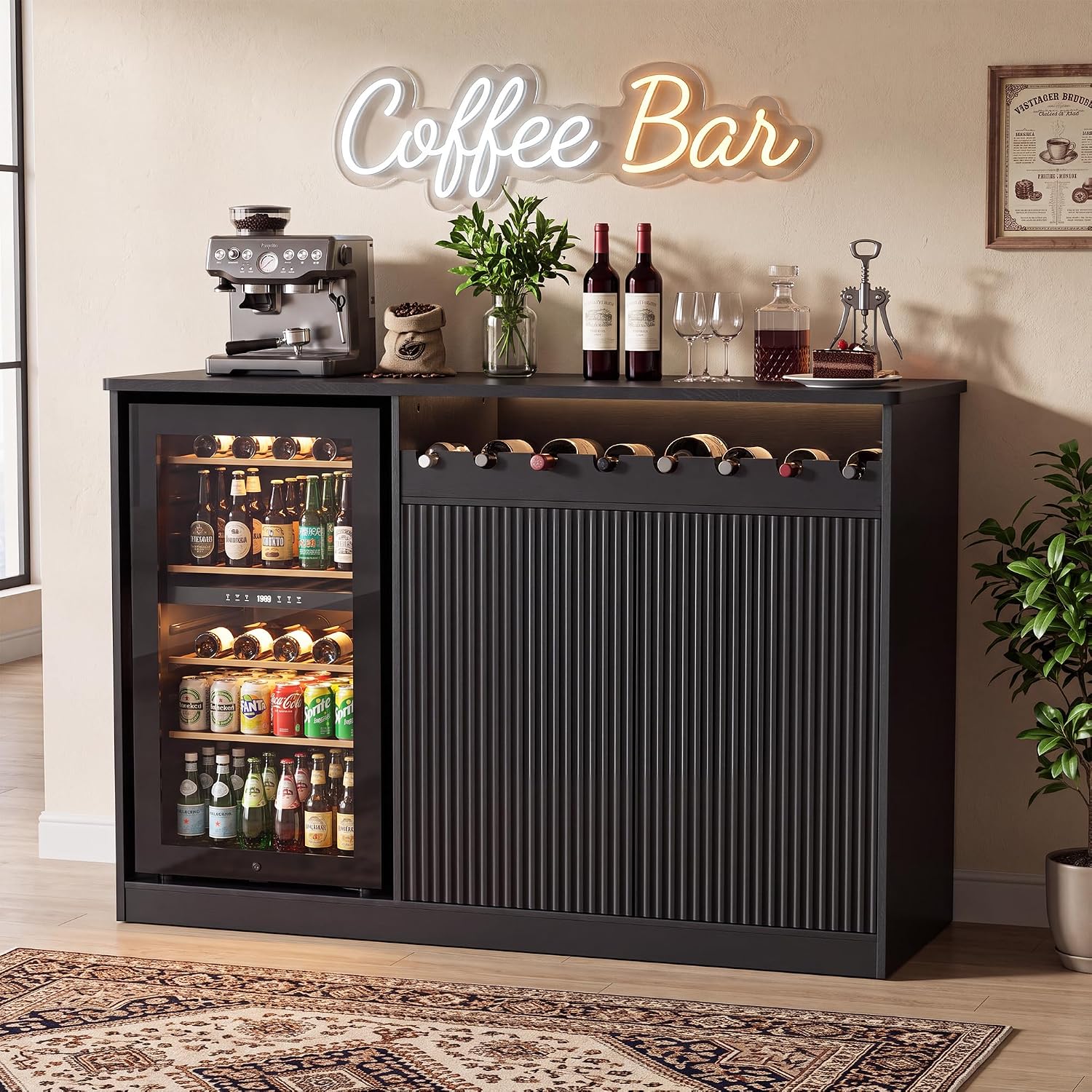 Home Bar And Fridge - ตู้บาร์กาแฟขนาด 53 นิ้ว พร้อมพื้นที่สำหรับตู้เย็น ตู้เก็บของแบบบุฟเฟต์พร้อมชั้นวางไวน์สำหรับห้องครัว ห้องรับประทานอาหาร