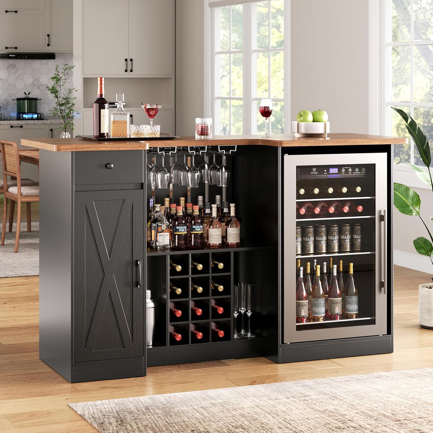 Home Bar And Fridge - ตู้บาร์สำหรับบ้านขนาด 72 นิ้ว พร้อมพื้นที่สำหรับตู้เย็น ตู้เก็บเหล้ารูปตัวยู |