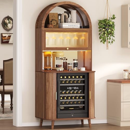 Home Bar And Fridge - ตู้บาร์ไวน์พร้อมช่องแช่เย็น, ตู้บาร์กาแฟทรงโค้งพร้อมที่เก็บของ, บาร์ในบ้านสไตล์มิดเซ็นจูรีพร้อมไฟ LED, ขนาด 73